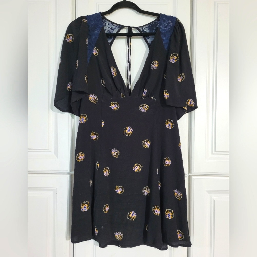 Free People Black Mockingbird Mini Dress, Blue Lace Detail, Open Back, Size 6